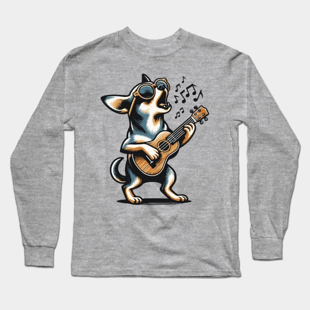 Dog Playing Guitar Singing Chihuahua Funny Dog Mariachi Long Sleeve T-Shirt by BraaiNinja